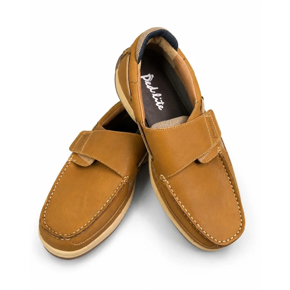 Pedlite Men's Boat Shoes Size 12 W Tan Leather Hook & Loop Casual Loafers EUC